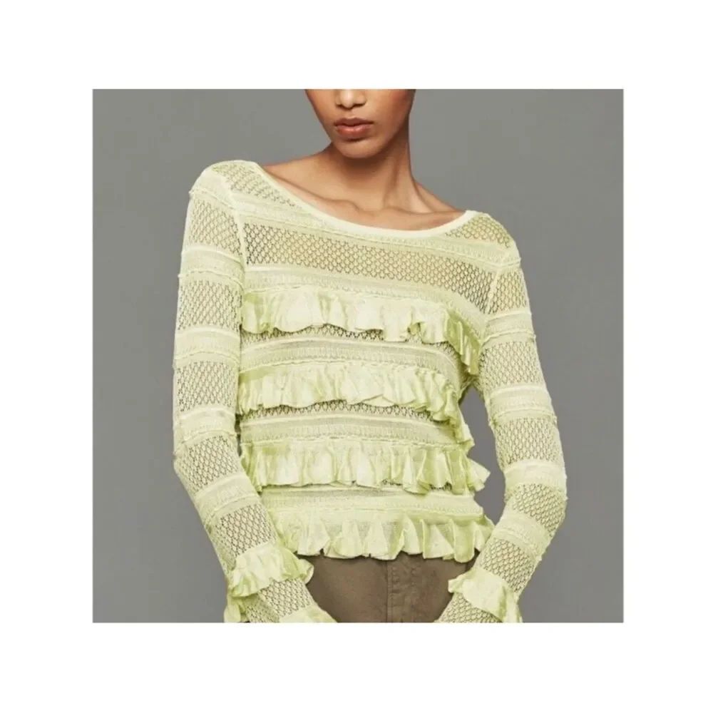 Anthropologie Light Green Ruffled Long-Sleeve Knit Top